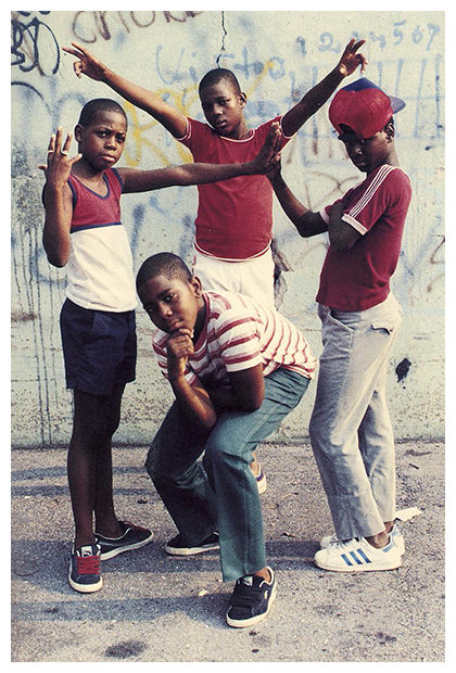Jamel Shabazz's back in the day old street photographs, four boys posing.